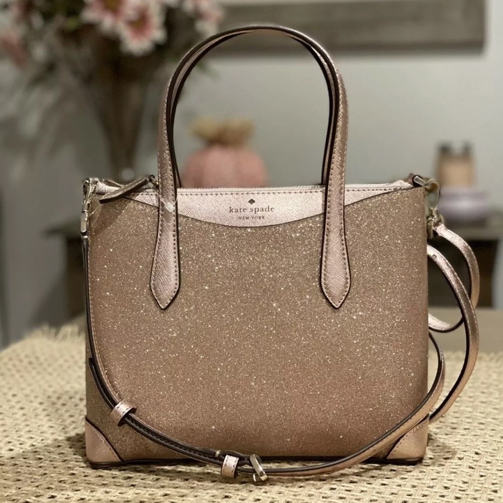 NWT Kate Spade Shimmy Glitter Lola Satchel Crossbody in Rose Gold Christmas Bag
